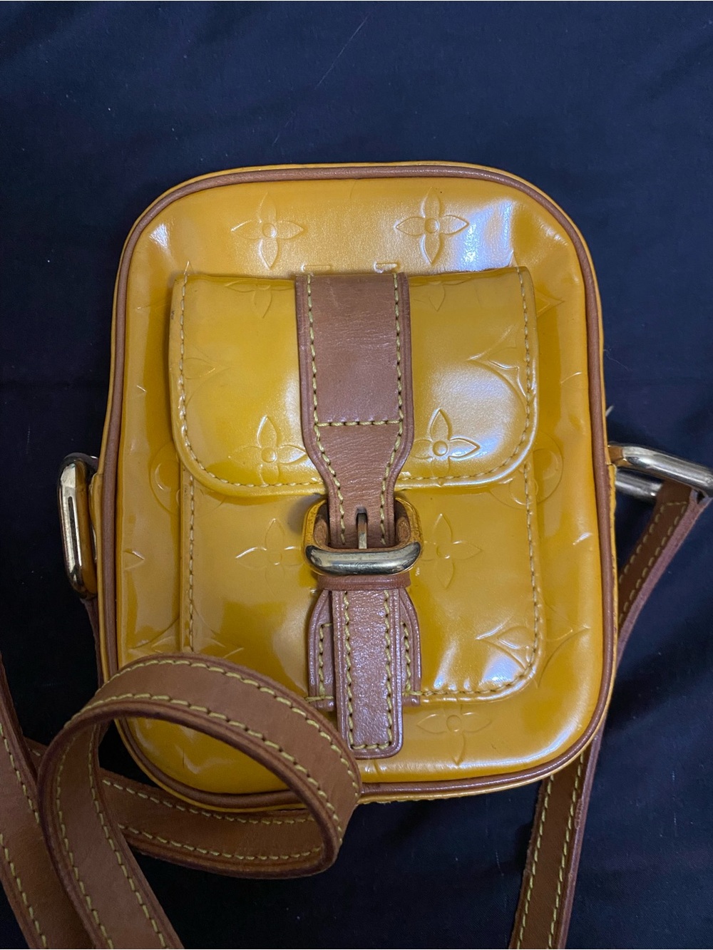 Louis Vuitton Glossy Mustard Yellow Crossbody Bag with Brown Trim